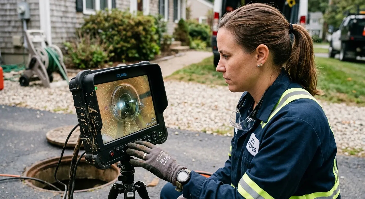 Technician reviewing sewer camera inspection footage in Cayce
